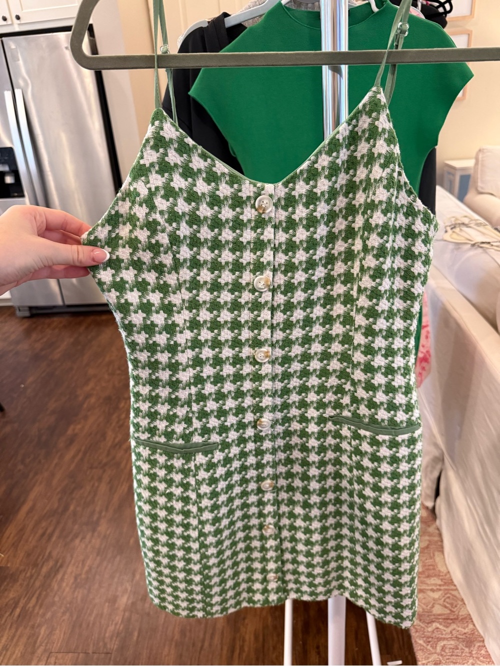 SHEIN Green and White Houndstooth Button-Front Mini Dress